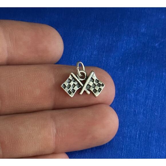 Sterling Silver Checkered Flag Charm,  Silver Racing Checkered Flag Charm - Picture 1 of 8